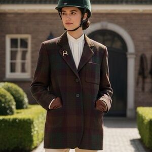 New JL Colebrook Blazer Jacket M Wool Blend Faux Suede Collar Vtg Plaid Country